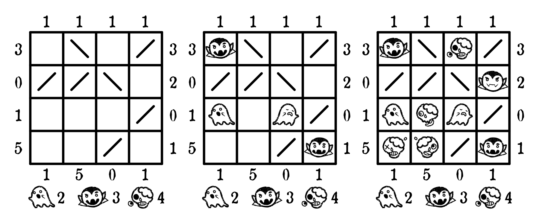 A preview of the Haunted puzzle type, with a puzzle at three different solve points.